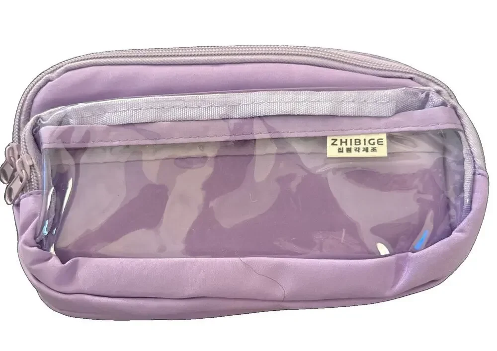 Triple Compartment Pencil Case Pouch Pen Bag Cosmetic Storage School Clear Front